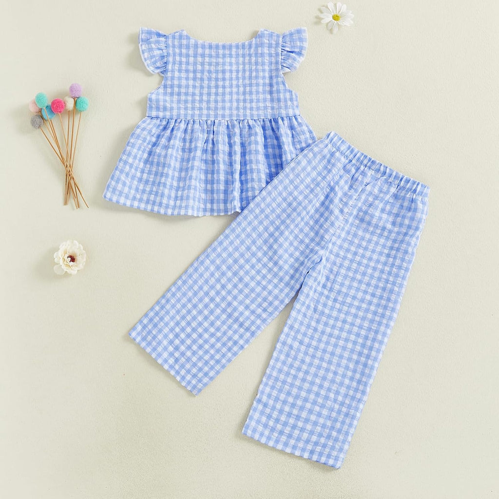 Girls Summer Outfits Ruffle Sleeve Button Up Dress Tops Plaid Linen Pants Spring Toddler Girl Clothes