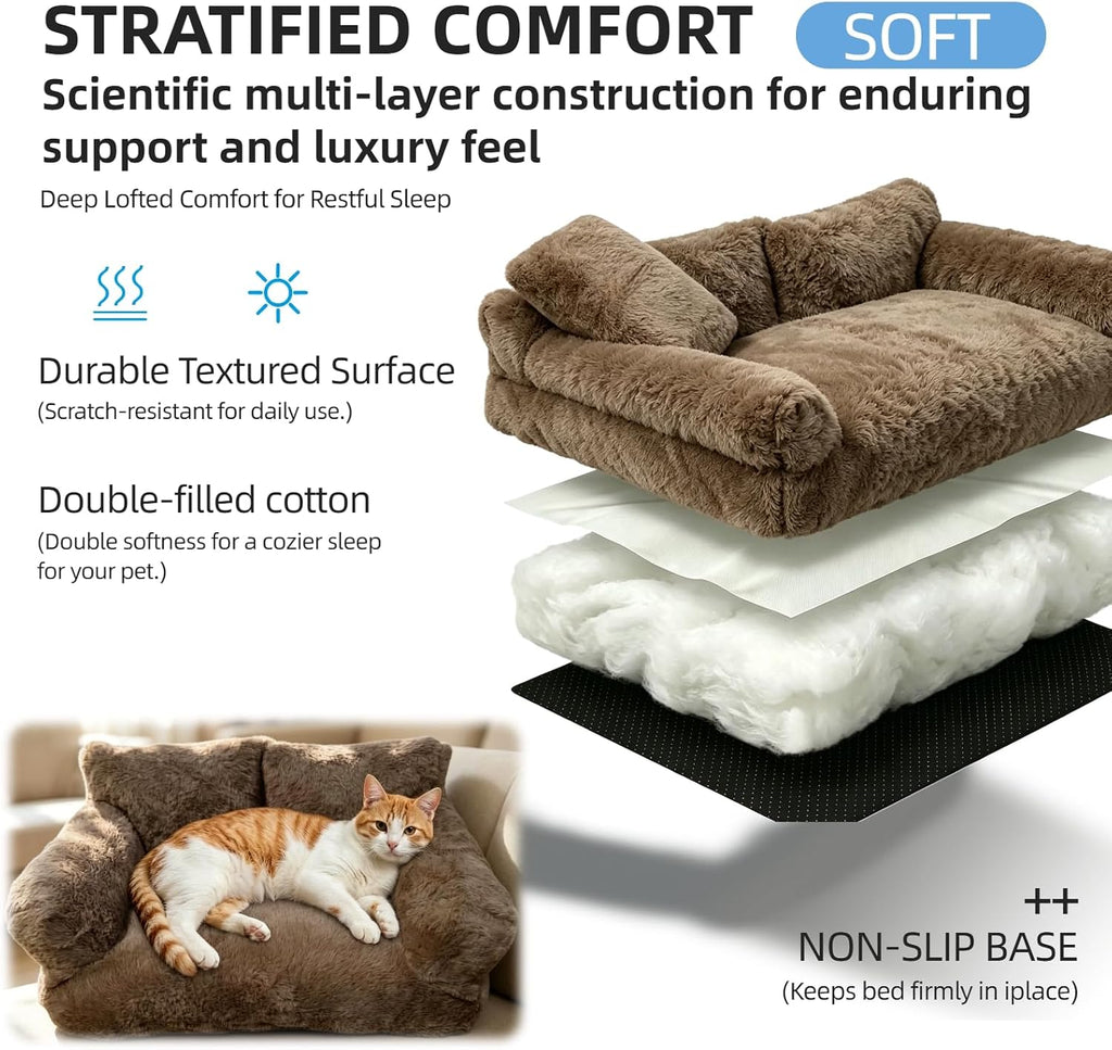 Plush Calming Pet Sofa Bed Fluffy Dog Cat Couch Washable (Khaki, X-Large)