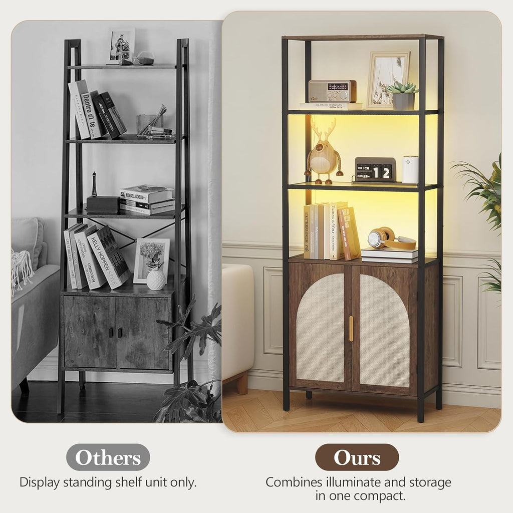 Rattan Bookshelf with Storage, Boho Bookcase with Wicker Doors, 71" Tall Book Shelf with LED Lights, Brown