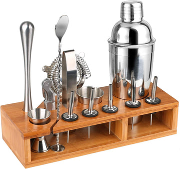Bartender Kit, 13-Piece Home Bar Cocktail Shaker Bar Set with Stylish Bamboo Stand, Stainless Steel Bar Tool Set - Set of 13