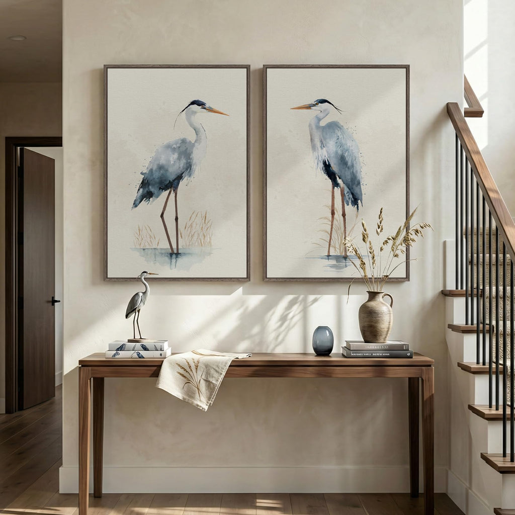 Large Framed Vintage Neutral Blue Heron Bird Wall Art, 2 Piece 24x36 In