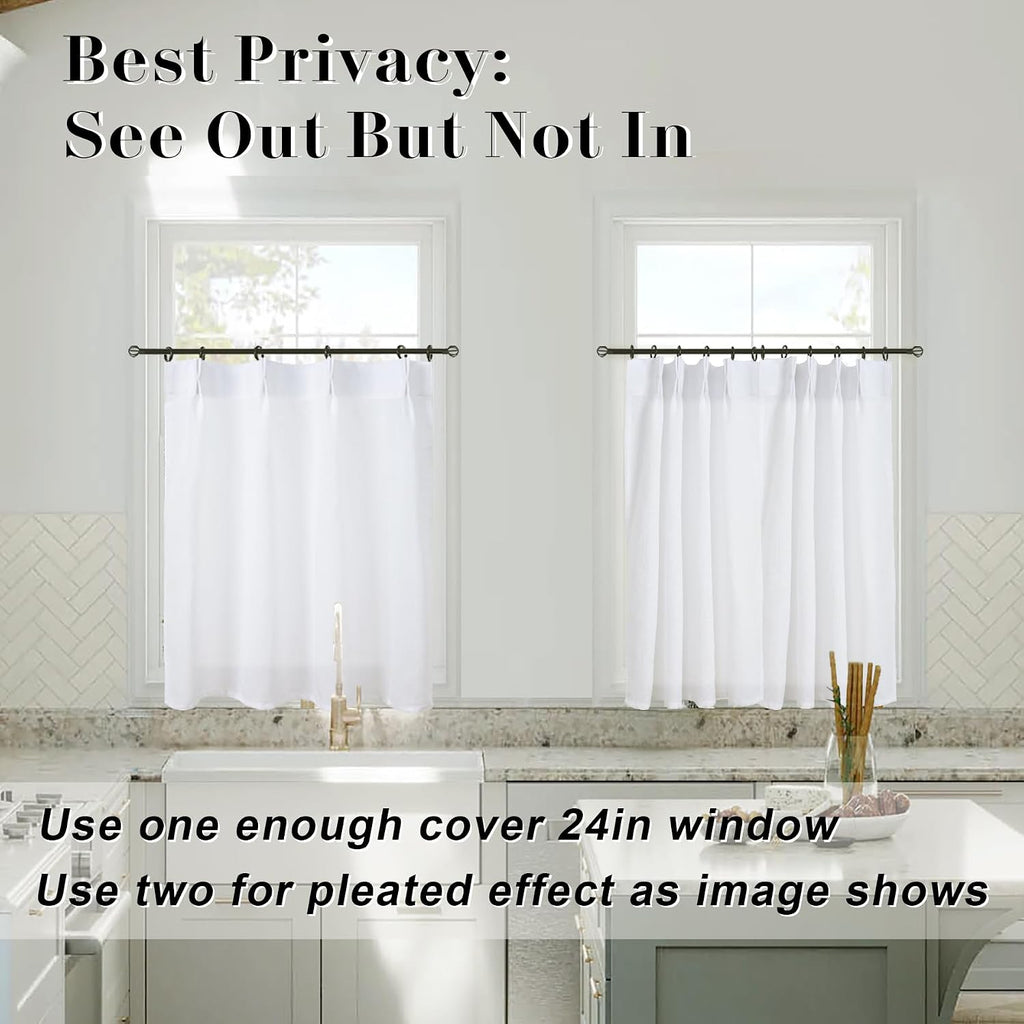 Cafe Curtains 36 Inch Length, Pinch Pleat Linen Sheer Small Half Curtains for Windows, 24" W x 36" L - Set of 2