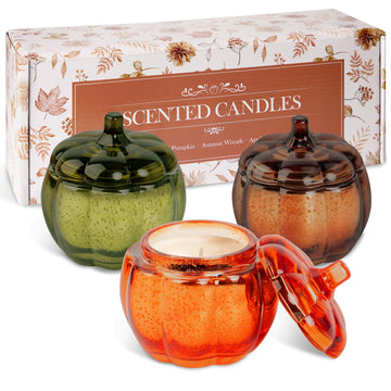 Fall Scented Candles Gift Set 3 Pack, 16.5oz Pumpkin Glass Jar Candle, Thanksgiving Aromatherapy Soy Wax Candles for