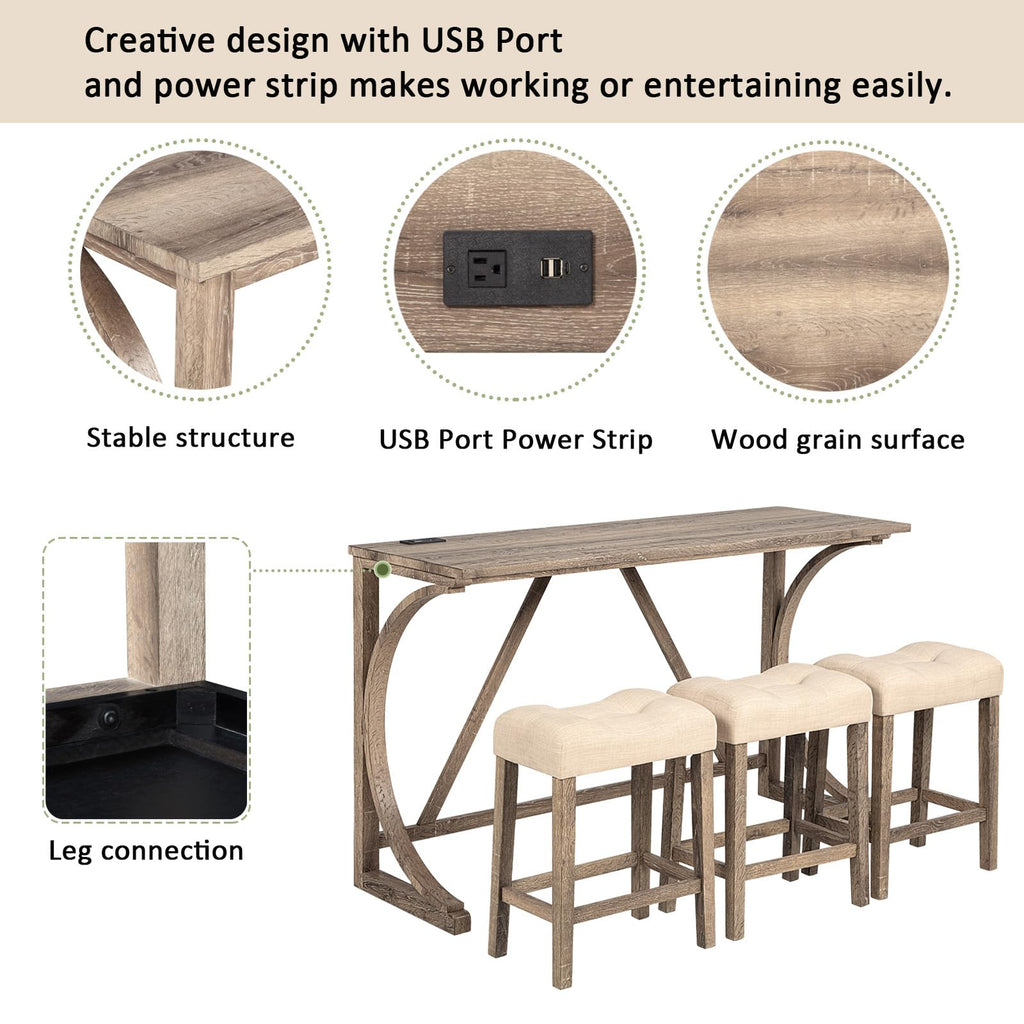 Bar Table and Chairs Set, 4 Piece Console Table with Power Outlet, Counter Height Bar Table Set with 3 Padded Chairs