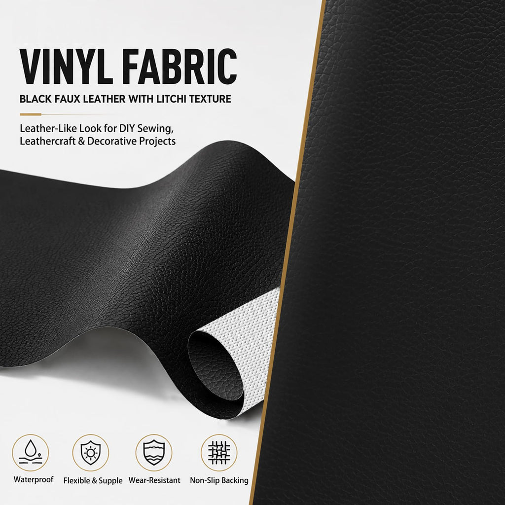 Black Faux Leather Fabric, Lychee Grain Vinyl for Upholstery