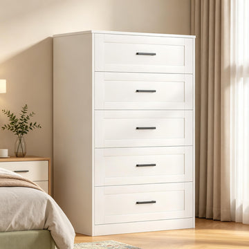 5 Drawer Dresser, White Dresser with Deep Drawers, Modern Tall Dresser Farmhouse Wooden Dresser Chest of Drawers
