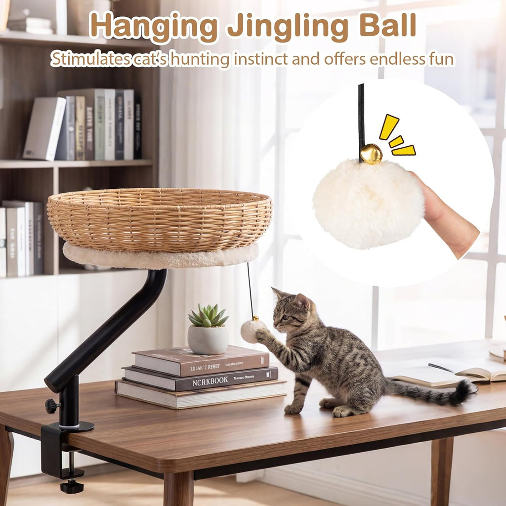Cat Desk Bed, 360° Rotatable Rattan Desk Cat Bed Attachment with Removable Padded Cushion, Hanging Jingling Ball &