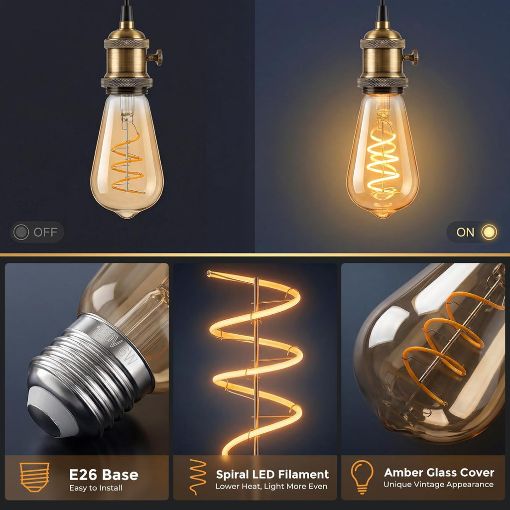 ST58 Vintage LED Edison Bulbs 60W Equivalent, Dimmable 6W 2700K