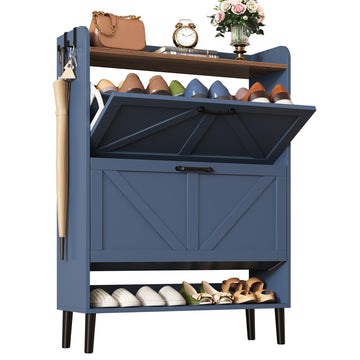 Shoe Storage Cabinet, Slim Shoe Organizer with Two Flip Drawers, Narrow Shoe Holder with Wood Legs, Farmhouse Hidden