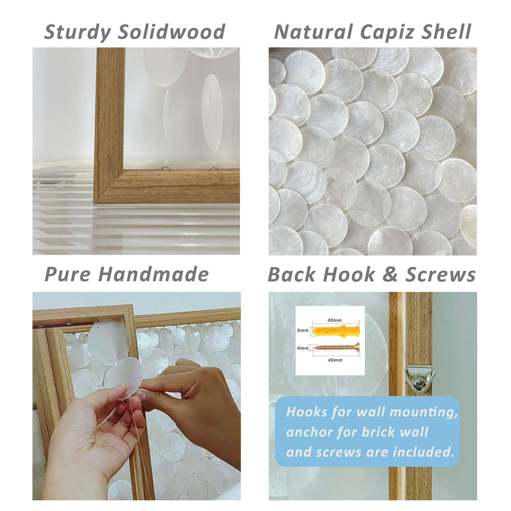 3D Handmade 24"x24" Capiz Shell Wall Hanging Decor, Solid Wooden Framed Coastal Wall Decor, Minimalist White Sea