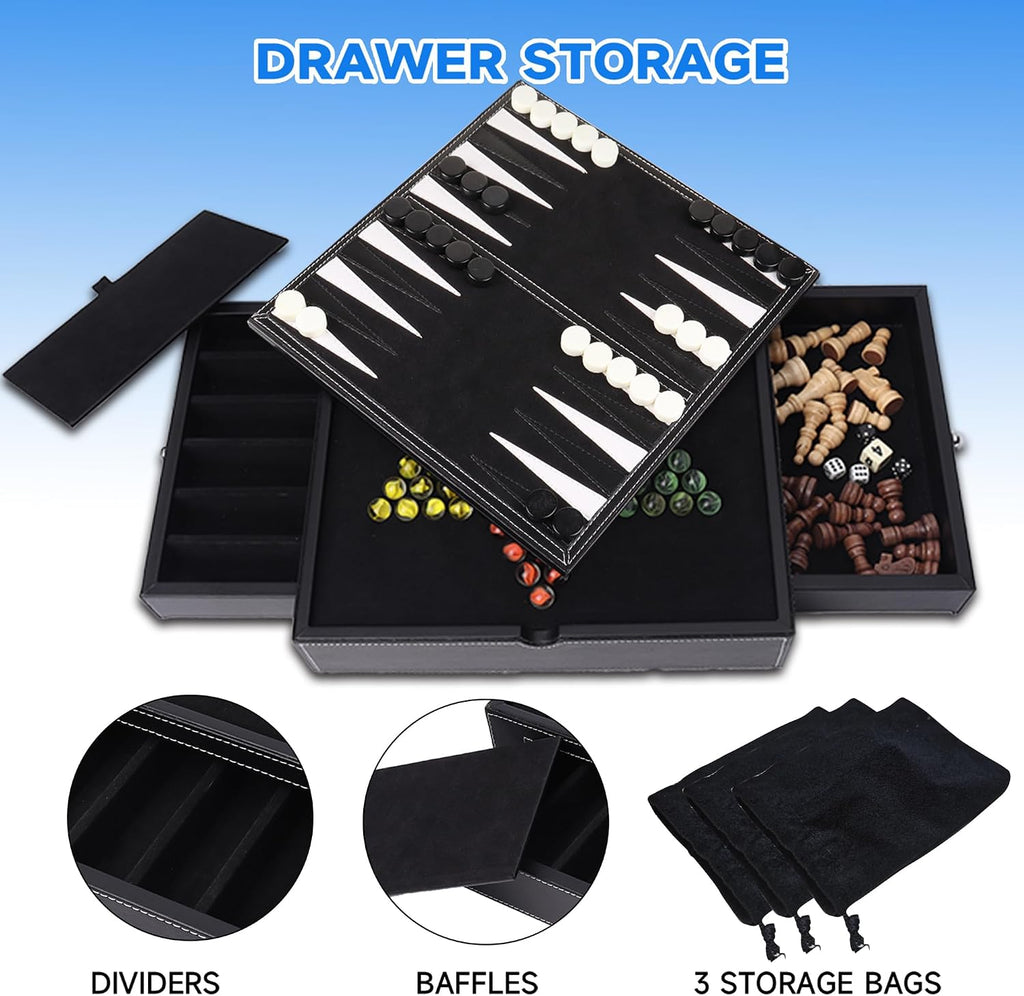 GSE 12.5" 5-in-1 Chess Checkers Backgammon Poker Dice Chinese Checkers Game - Set of 32