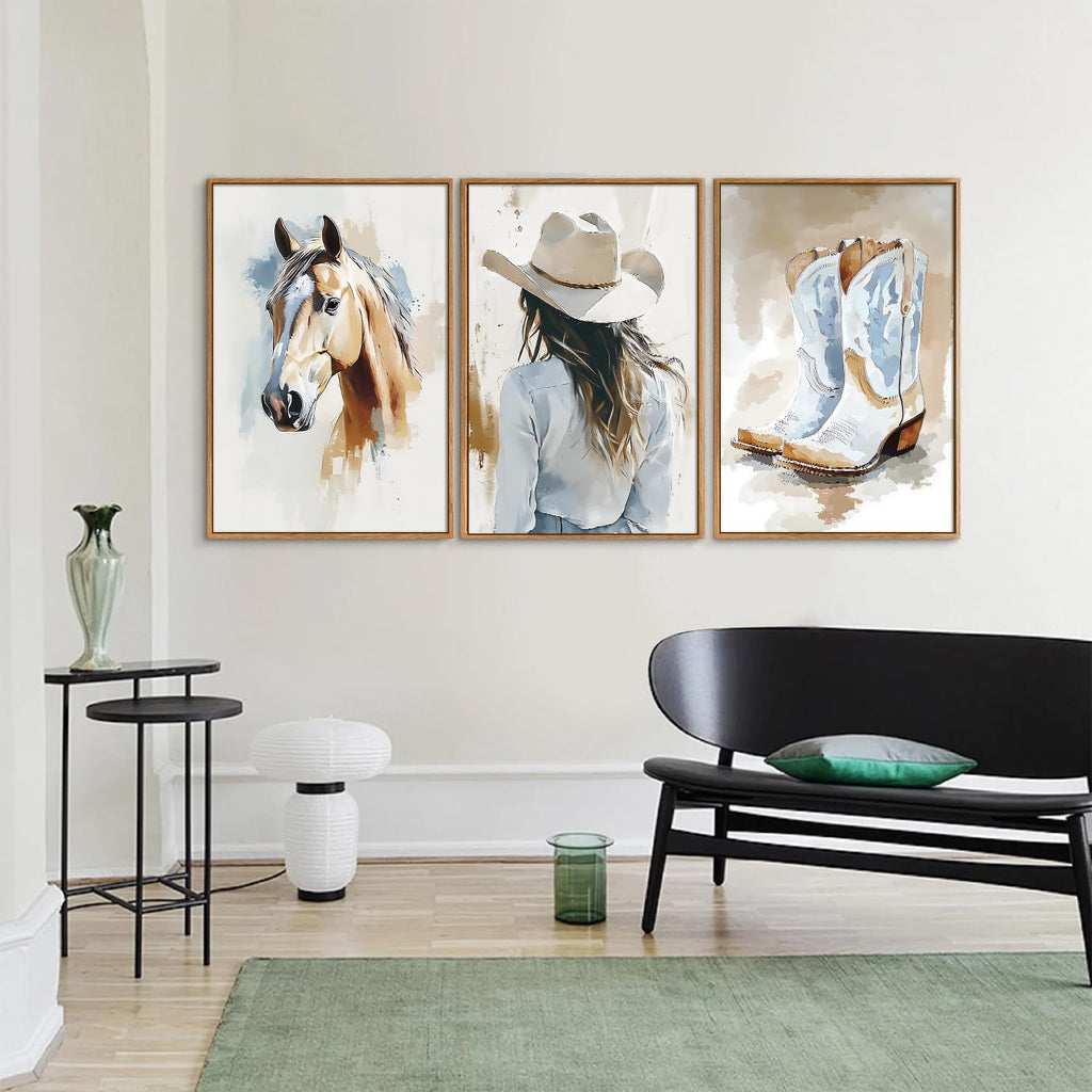 Large Western Cowgirl Posters Framed Canvas Wall Art Set, Blue and White Horse Wall Decor, Glam Rodeo Boots Art
