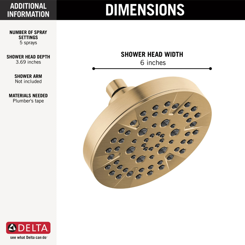 5-Setting Champagne Bronze Shower Head with High Pressure Spray, 6 Inch Round Shower Head, Showerheads, 1.75 GPM Flow