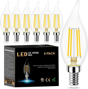 Dimmable E12 LED Bulb 60 Watt Equivalent, Soft White 2700K, 500 Lumens, Candelabra LED Light Bulbs 4W, CA10 Flame Tip