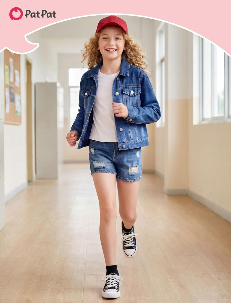 Girls Jean Jacket Long Sleeve Front Button Collared Denim Outerwear