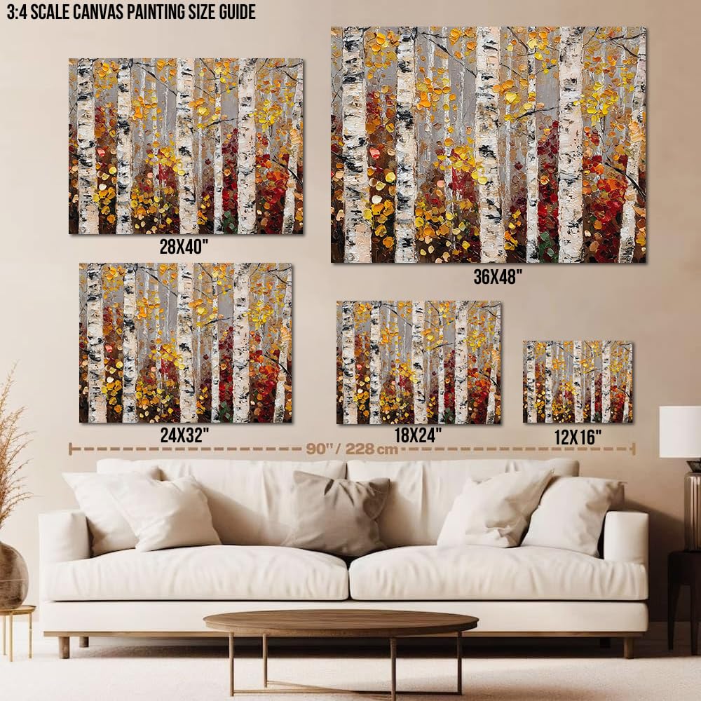 Forest Landscape Autumn Fall Wall Art Canvas, Fall Pictures Wall Decor Canvas, Textured Birch Trees With Layered