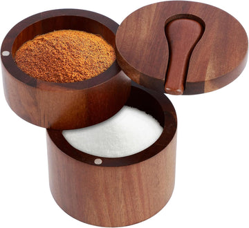 2 Layers Acacia Wood Salt and Pepper Bowl Salt and Pepper Storage Box Salt Container Salt Keeper with Built in Spoon