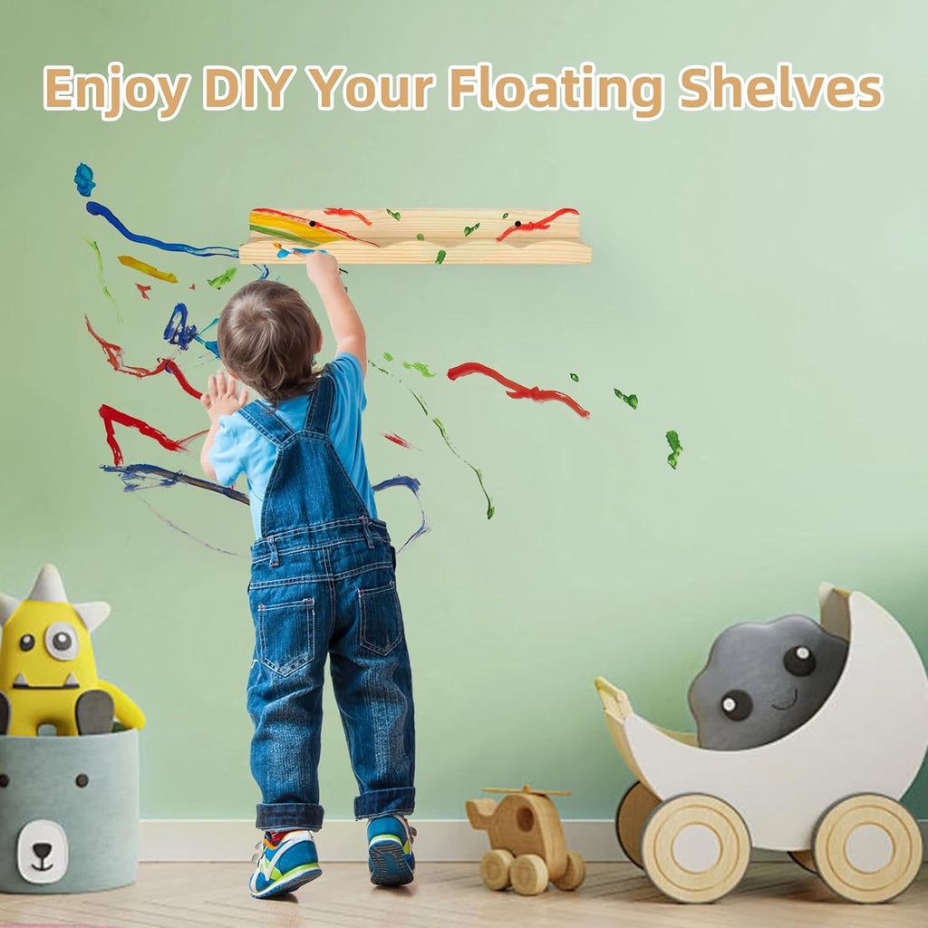 Floating Book Shelves for Wall, 16.5" Natural Wood Nursery Shelves for Book Storage, Solid Pine Wooden Floating Wall
