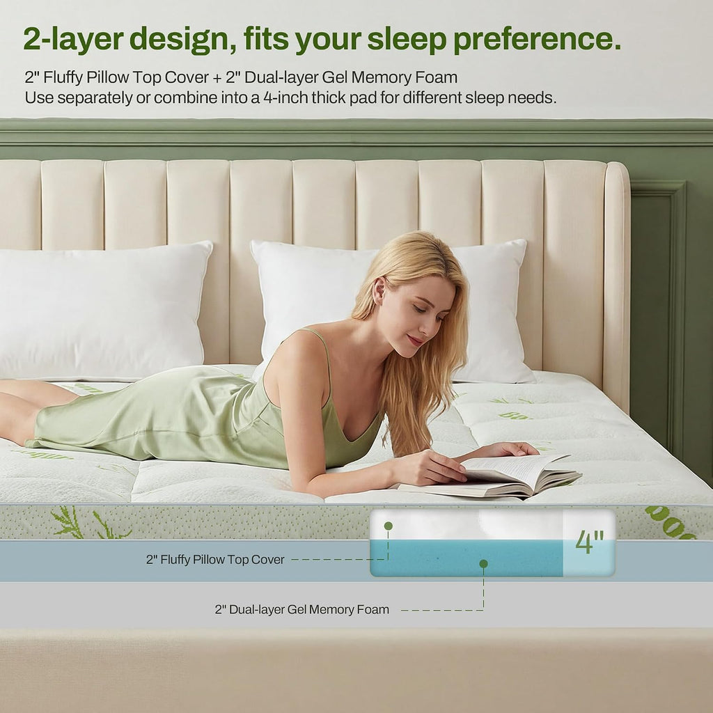 Queen Memory Foam Mattress Topper, 4 Inch Dual Layer Gel Foam Mattress Pad with Soft Pillow Top Cover, Viscose Made