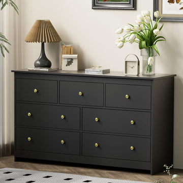 Black 7 Drawer Dresser, 55'' Wide Wood Chest of Drawers with Gold Handles, Modern Large Dressers Organizer, TV