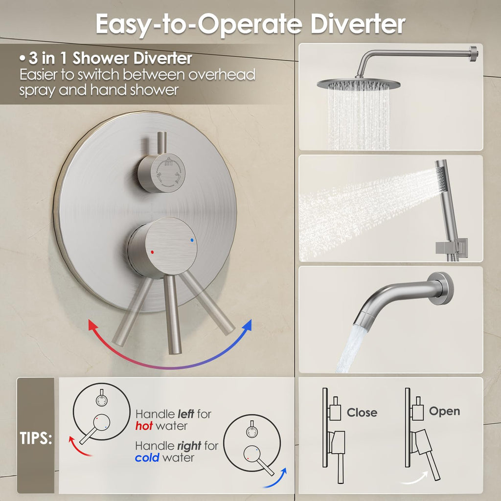 Shower System, 10" Bathtub Shower Faucets Set, Brushed Nickel