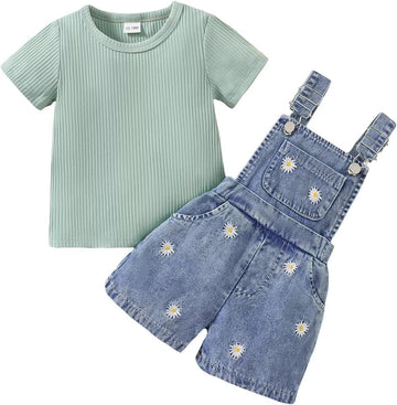 Toddler Baby Girl Summer Clothes Short Sleeve T-Shirt Tops + Denim Suspender Overalls Shorts Set Outfits