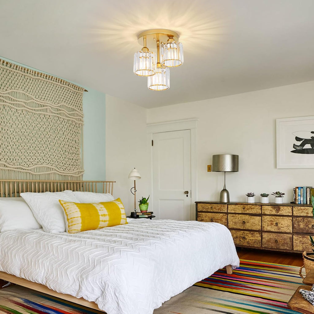 Modern Semi Flush Mount Ceiling Light,3-Light Golden Crystal Close to Ceiling Light Fixtures,Kitchen Light Fixtures