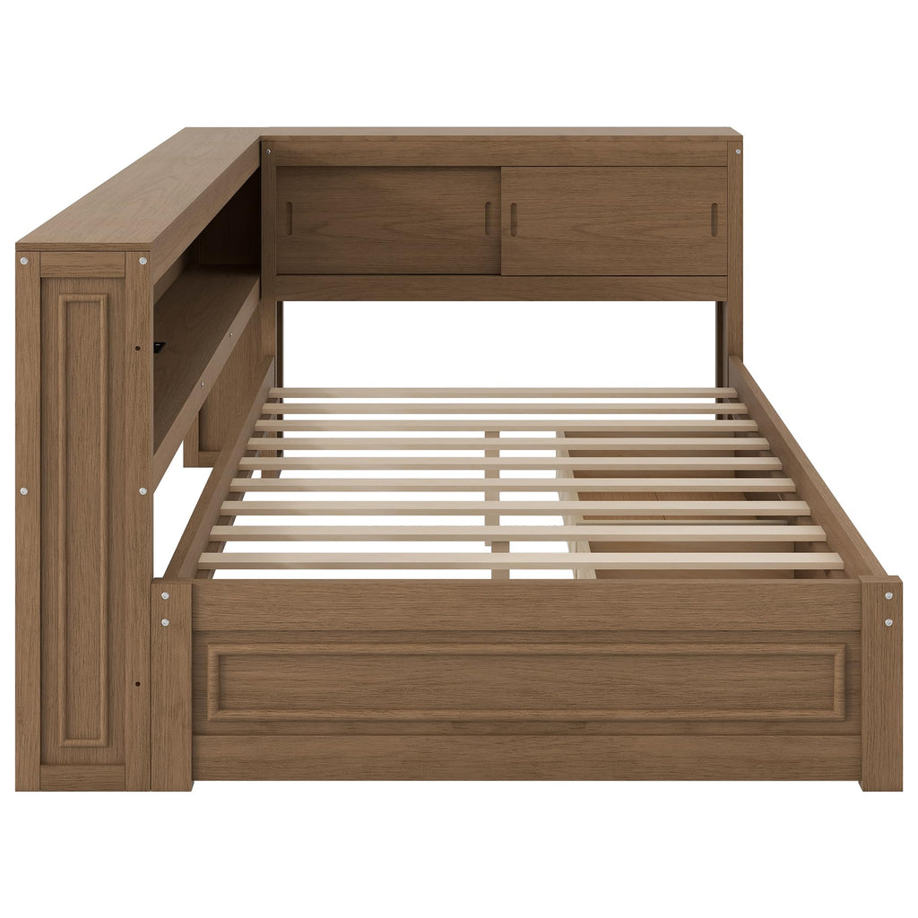 Full Size Daybed with Storage Drawers and Shelves, Antique Wood