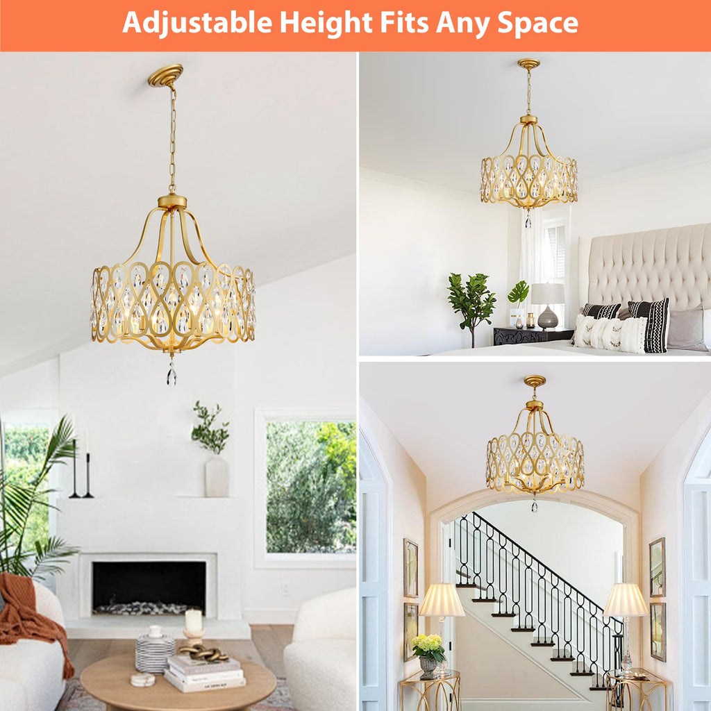 22" Gold Crystal Chandeliers 6 Lights Hanging Pendant Lighting Fixture Metal Farmhouse Chandelier Island Entryway