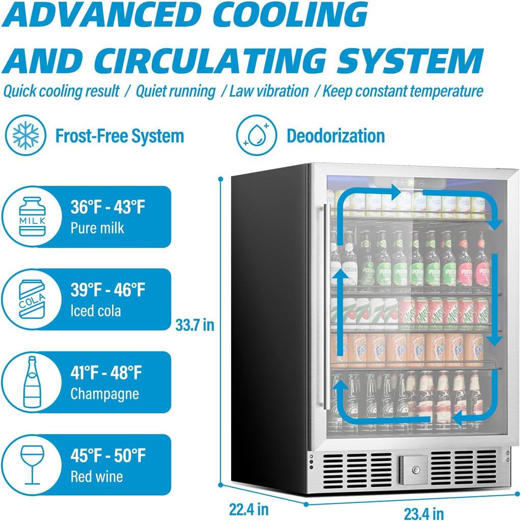 24 inch Beverage Refrigerator Cooler, 5.3 Cubic/166 Can Large Fridge with Glass 