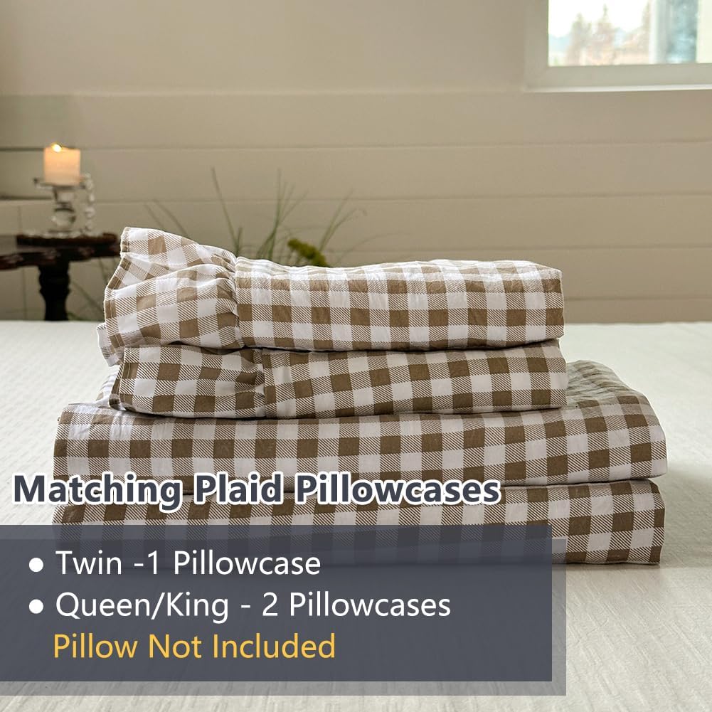 Tan Gingham Ruffle King Sheet Set, Taupe Soft Pre-Washed Microfiber Plaid King Bed Sheets, 4-Pieces Farmhouse Sheet