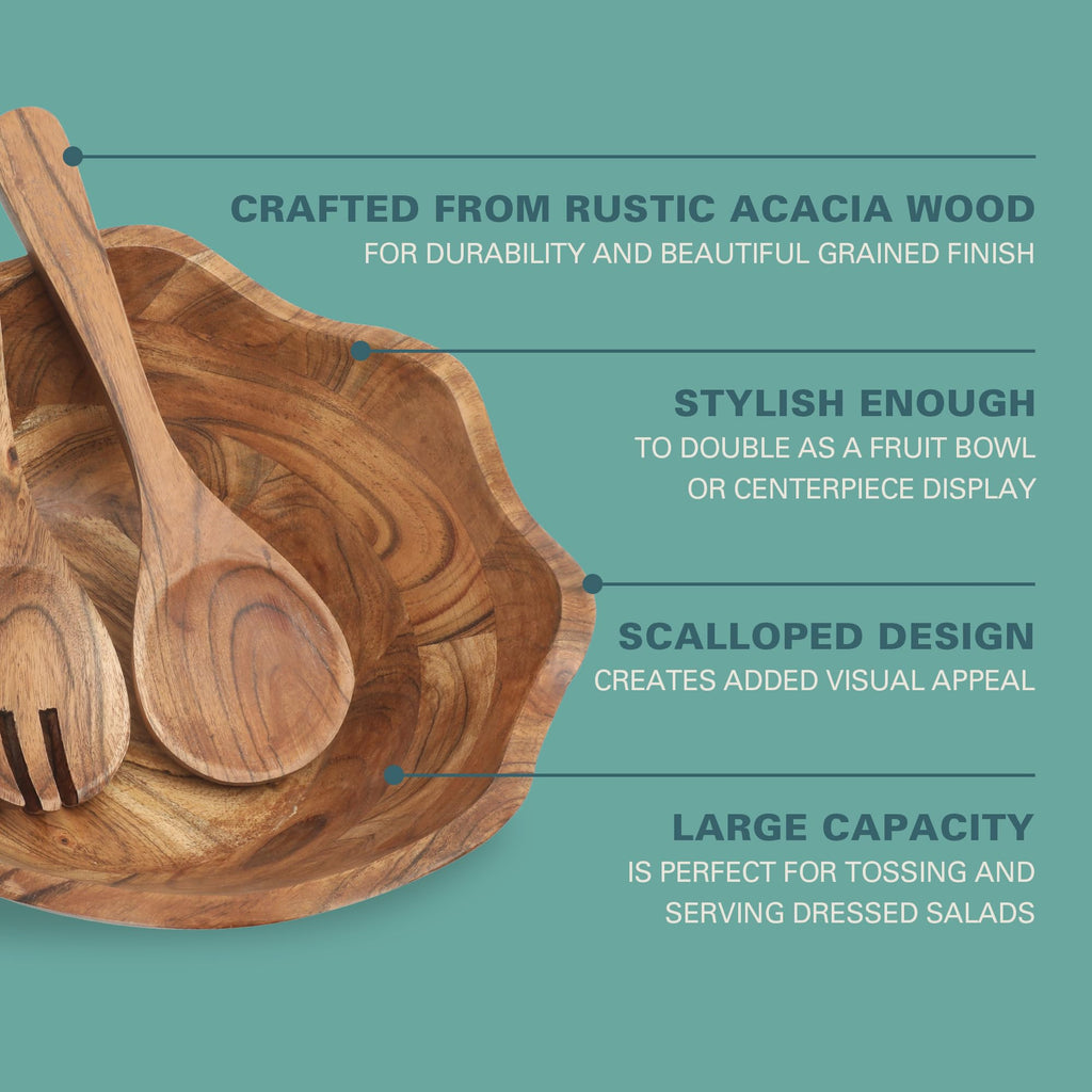 Sandhurst 3-Piece Acacia Wood Salad Bowl Set - 12-Inch Scalloped Serving Bowl with Wooden Salad Servers