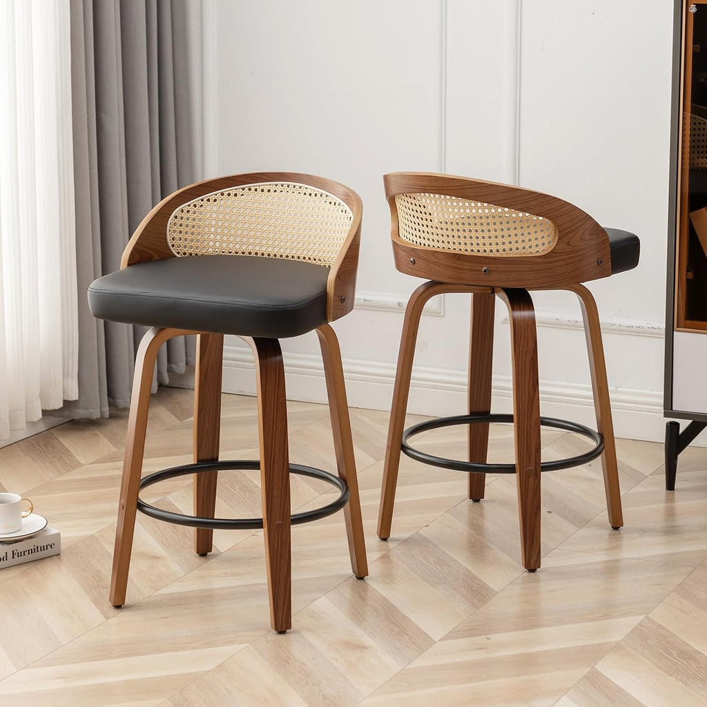 Swivel Rattan Bar Stools Set of 2 with Back, Black Leather barstool chairs