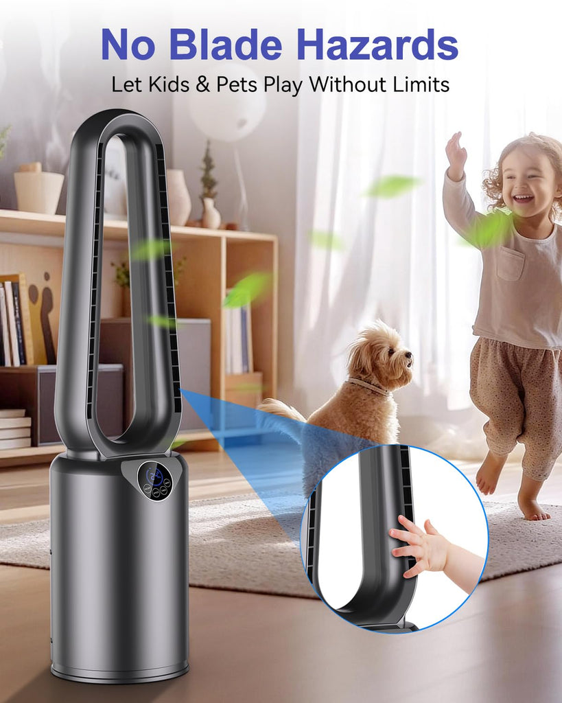 Bladeless Tower Fan with Powerful Airflow, Ultra-Quiet DC Motor (22 dB), 8 Speed Levels & 4 Modes, Remote Control