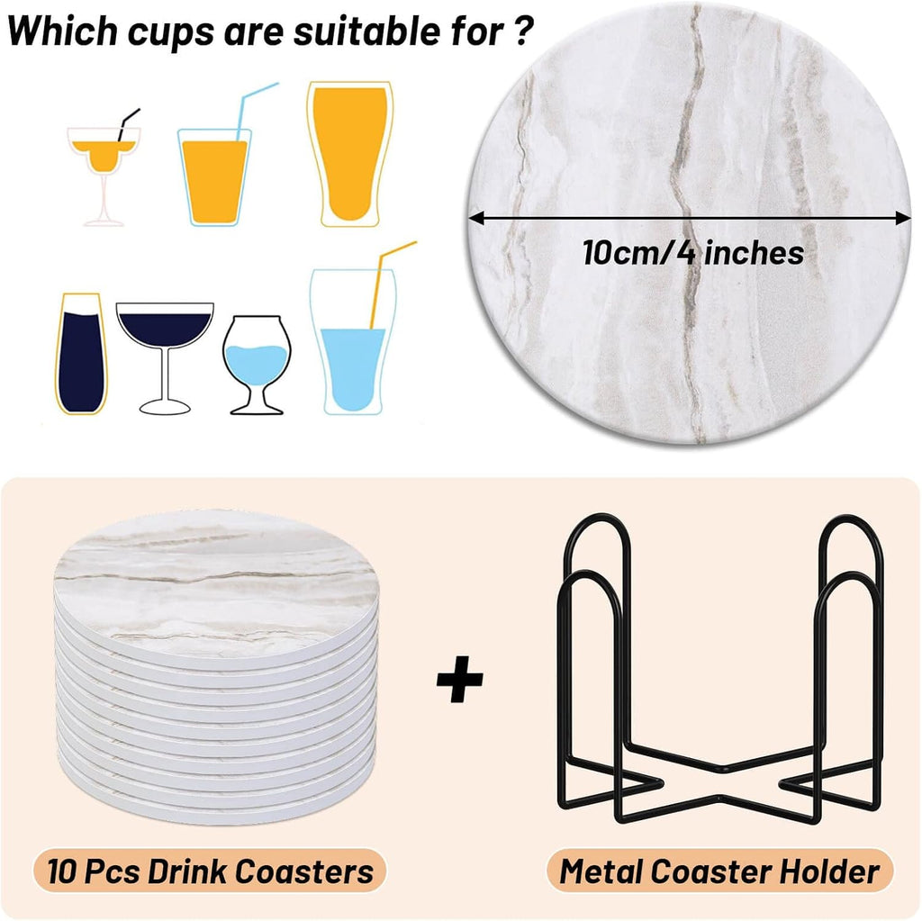Coasters, Absorbent Drink Coasters with Holder, Marble Style Ceramic Coaster for Wooden Table, Home Decor - Set of 10