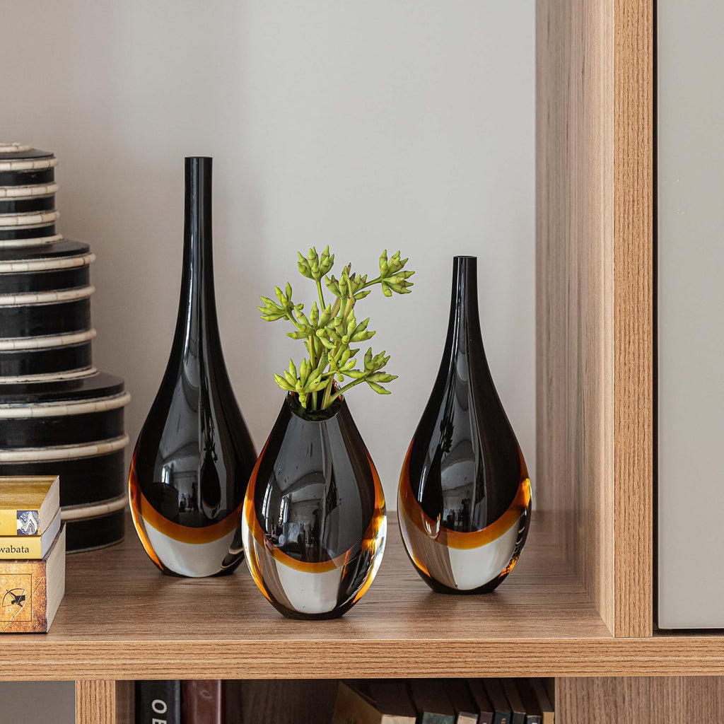 Murano Style Art Glass Drop Vase Hand Blown Black and Amber Home Decor | Hand Blown Glass Drop, Decorative Table