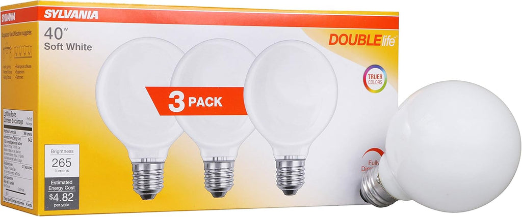 Incandescent Double Life Décor Globe Light Bulb, 40W, G25, Medium Base, 265 Lumens, Frosted, 2850K, Soft White - 3