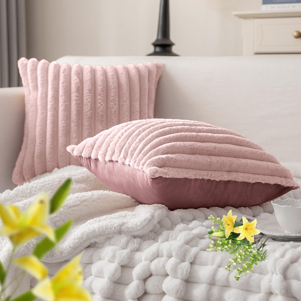 Faux Fur Pillow Covers 22x22 Set of 2, Pink