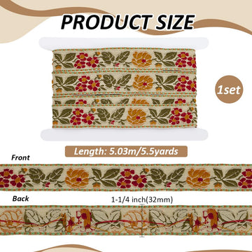 Ethnic Style Embroidery Flower Ribbon 1-1/4 inch Wide Pale Goldenrod Flower Ribbon Floral Embroidered - 5.5 Yards