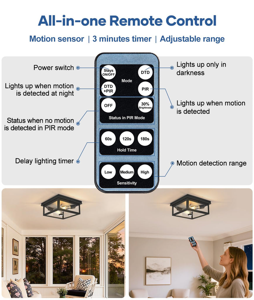 Motion Sensor Outdoor Ceiling Light with Remote, 12.2 Inch Black Flush Mount Porch Light Fixture with United Glass