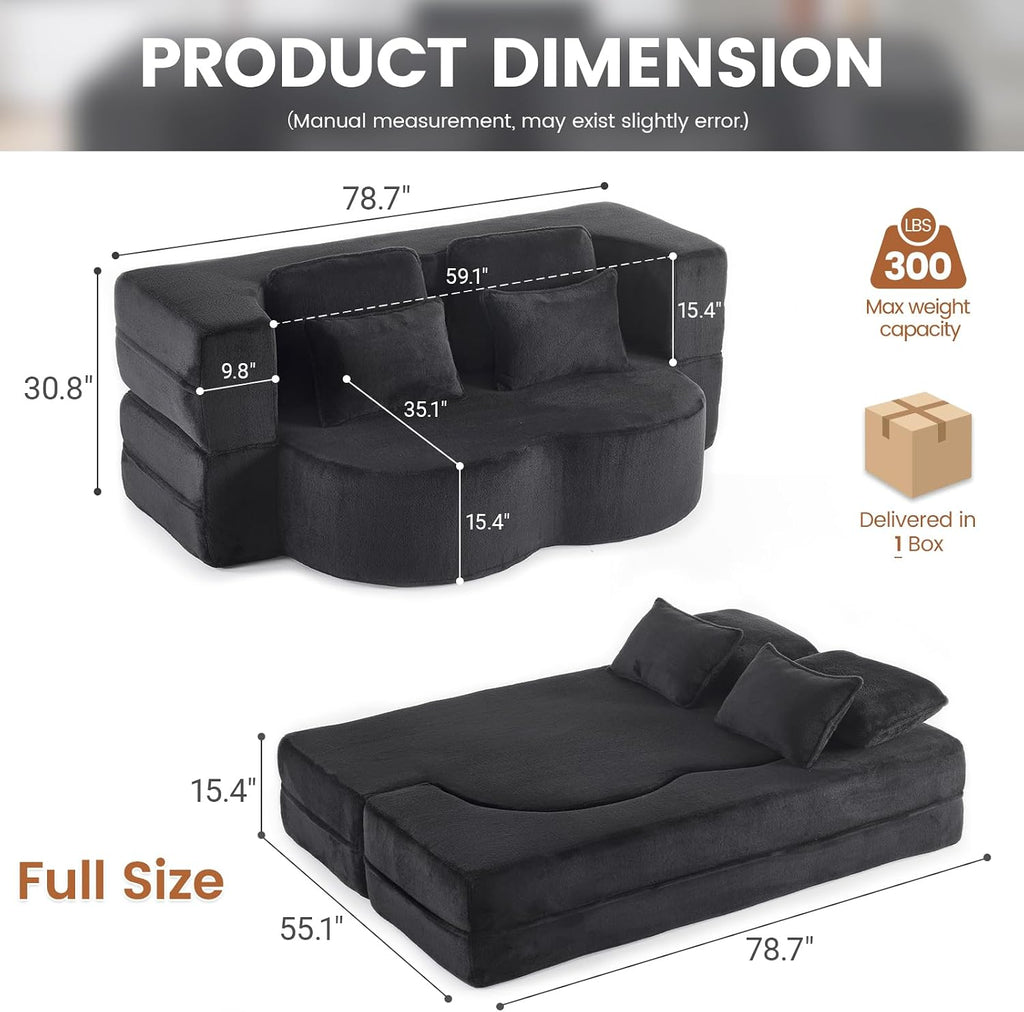 78" Convertible Sofa Bed, Full Size Sleeper Couch, Black | Boneless Folding Loveseat, Deep Seat, Soft Chenille, 4