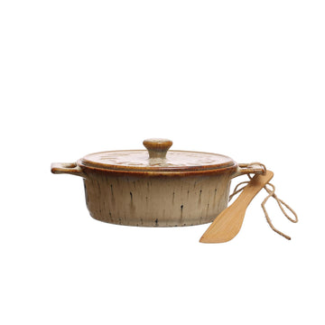 9 Inches Stoneware Brie Baker with Bamboo Canape Spreader Knife and Reactive Glaze Design, Brown and Tan