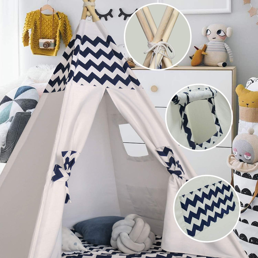 Teepee Tent for Kids - Play Tent with Mat, Indoor Outdoor Playhouse, Indian Canvas Tipi Wigwam, Children's Navy