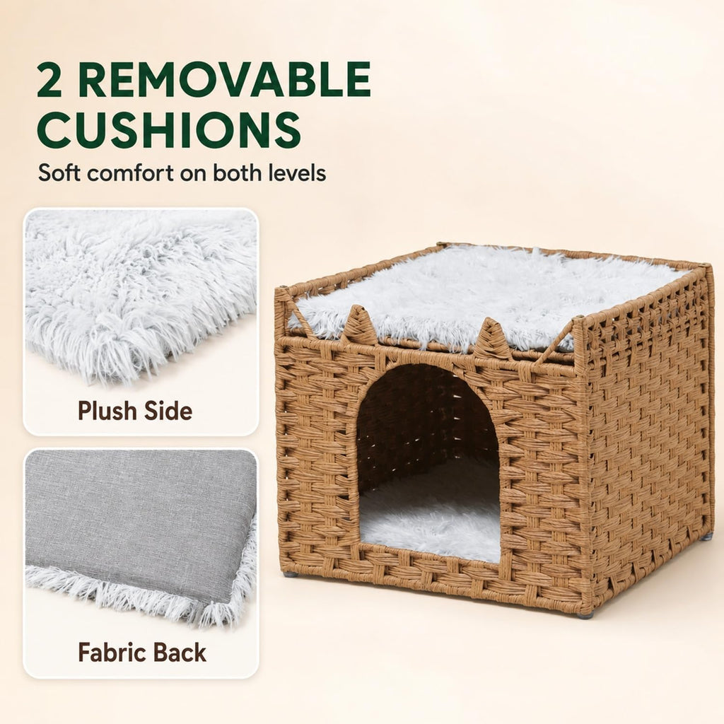Handwoven PE Rattan Cat Bed with Ears, 2-Level Indoor Cat Cave House with 2 Removable Cushions, Foldable Hideaway