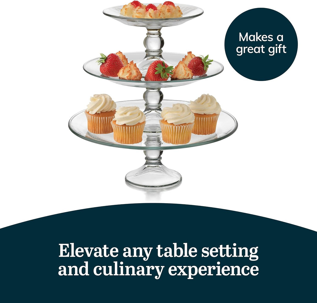 Selene 3 Tier Serving Stand Set, Elegant, Curvy Style Glass Dessert Stand, Dishwasher Safe 3 Tiered Dessert Stand - Set of 3