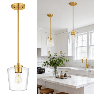 8" Brushed Gold Pendant Lights Kitchen Island, Clear Glass Shade