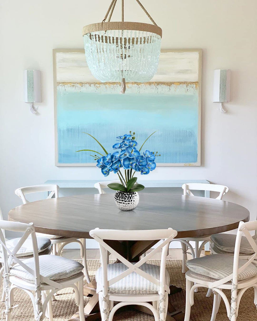 Orchids Artificial Flowers, 20'' Blue Faux Orchid Flowers with Silver Vase Fake Phalaenopsis Coffee Table Bathroom