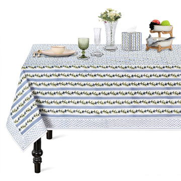 Blue Meadow Vine Hand Block Print Rectangle Tablecloth 90x60 Inch