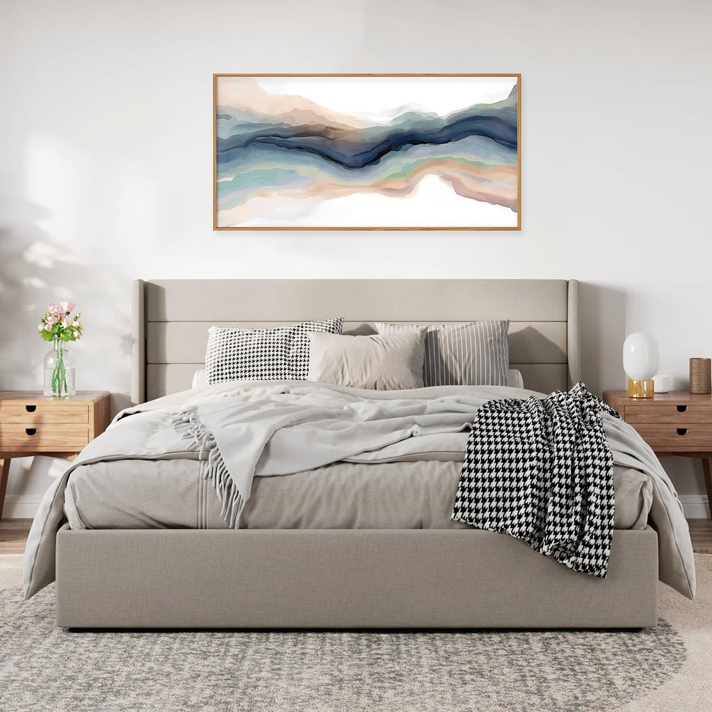 Navy Blue Abstract Framed Canvas Wall Art, Watercolor Wave Line Horizontal Wall Decor, Long Teal Orange Coastal