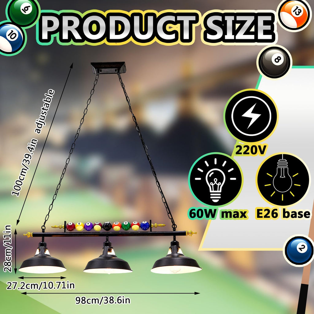 Adjustable Pool Table Lights, 3 Lights for 7'-8' Billiard Table